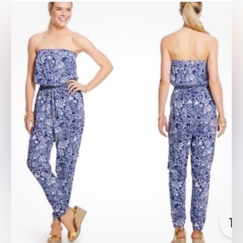 Lilly Pulitzer Jumpsuit Strapless. NEW Target Blue White Subtle Fish Print Sexy